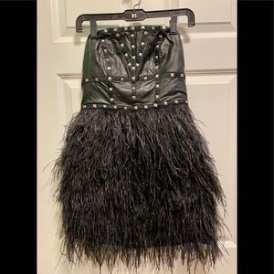 Cocktail dress, leather bodice and feathers